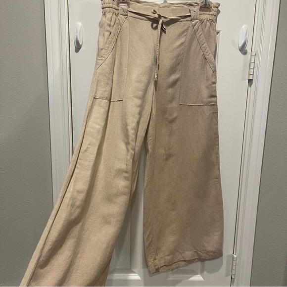 LOFT Linen Blend Wide Leg Pants Women’s Small Petite Beige Natural Elastic Waist - Picture 2 of 9